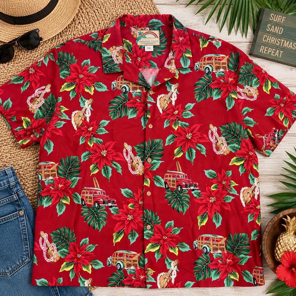 Vintage Paradise Found Red Poinsettia Hawaiian Shirt (3XL)